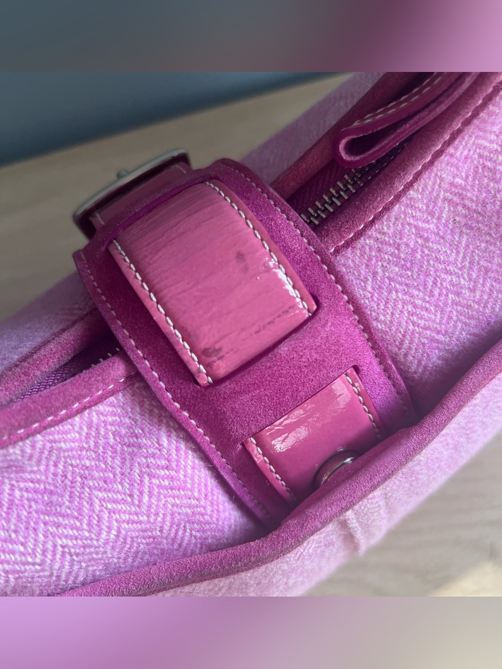 Vintage Coach Pink Herringbone Tweed Leather Hobo Handbag - Picture 7 of 9